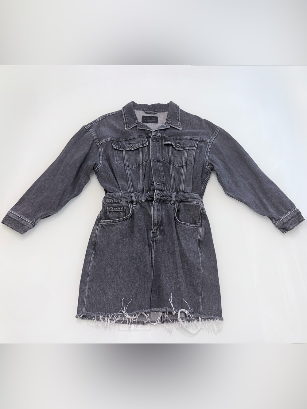 AllSaints Rock Gray Denim Mini Dress Long Sleeve Raw Hem Distressed Sz UK 6 US 2